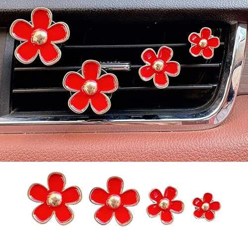 Image of 4PCS Car Daisy Flower Air Vent Clip, Cute Auto Outlet Air Conditioning Clip, Sweet Girly Vehicle Fresheners Gift for Women Girls, Car Interior Decor Universal Fit (Red, Vanilla)