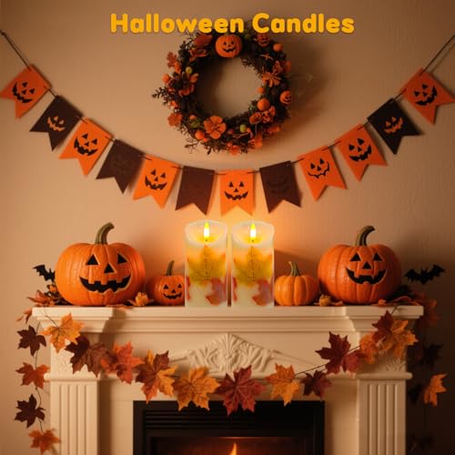 Image of Maple Leaves Flameless Candles Set of 2, Fall Candles with Remote & Timer