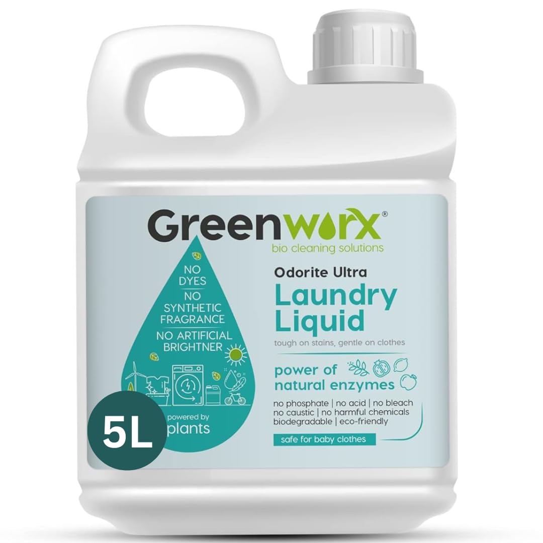 Greenworx Natural Detergent Laundry Liquid | 5 Liters | Top Load, Front Load Washing Machine & Hand Wash Friendly | Organic & Eco-Friendly | Tough on Stains, Safe for Kids | Chemical Free