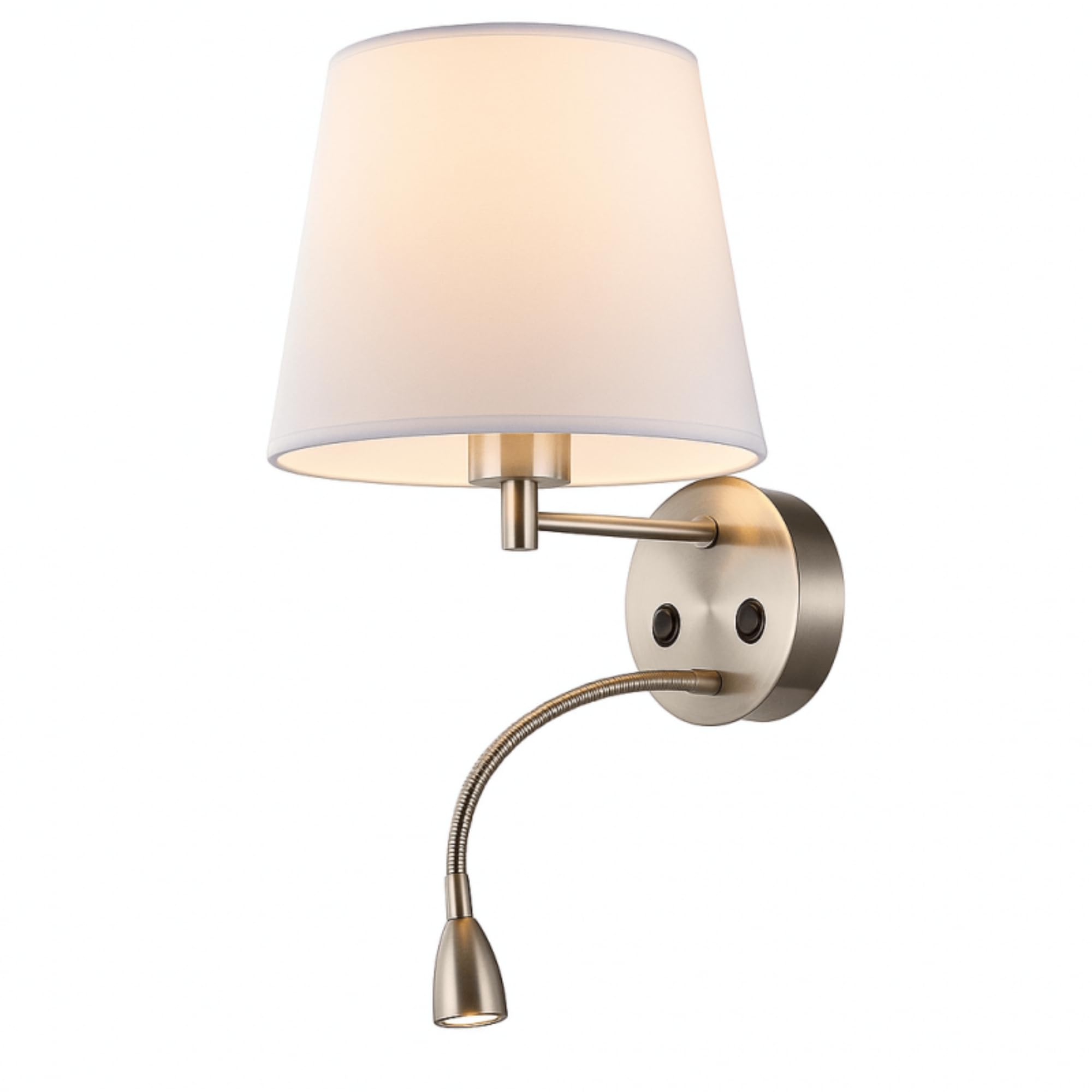 BarcelonaLed - Applique da parete E27 con faretto di lettura orientabile flessibile da 1 W, paralume in tessuto bianco, con 2 interruttore, per camera da letto, testiera del letto, comodino, salotto