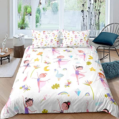 NDXRWDZR Funda Nordica Cama 90 Infantiles Bailarina Blanca Edredón Cama 90 para Niñas Niños con Cremallera Microfibra de Suave Transpirable Fundas Nordicas 150x220 cm + 2 Fundas de Almohada 50x80 cm