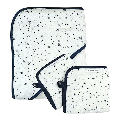 Image of HonestBaby Unisex Baby 3-Piece Organic Cotton Hooded Towel & Washcloth Set, Twinkle Star White/Navy, One Size