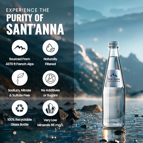 Image of Sant'Anna Still Mineral Water, 11.15 Fl Oz (6-Pack) | Pure French Pyrenees Mountain-Fresh Drinking Water | Natural Functional Drink | Sodium-Free Mineral in Glass Bottles