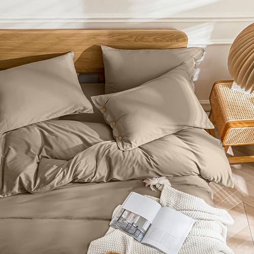 Image of JELLYMONI Cotton Duvet Cover Twin Size - Khaki Comforter Cover with Button 100% Washed Cotton 2PCS Breathable Soft Solid Bedding Set Duvet Cover 68x90in & 1 Pillowcase (NO Comforter)