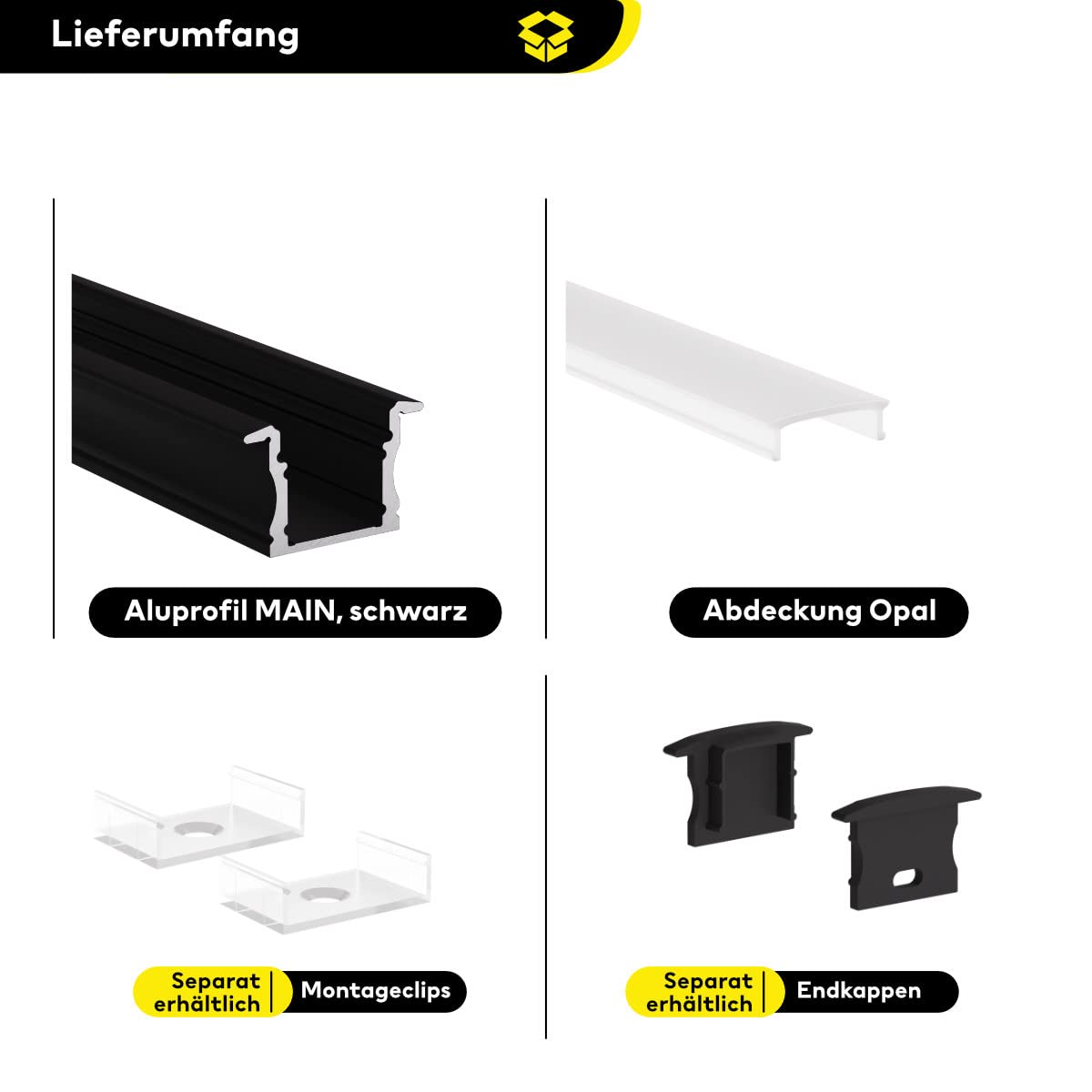 Profilo in alluminio a LED nero, 200 cm, profilo da incasso, copertura opale, per strisce LED da 12 mm, principale
