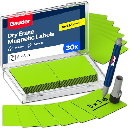 GAUDER Magnetic Dry Erase Labels | 30x Magnetic Labels (3x3 Inches) | Dry Erase Magnets for Classroom, Whiteboard and Blackboard