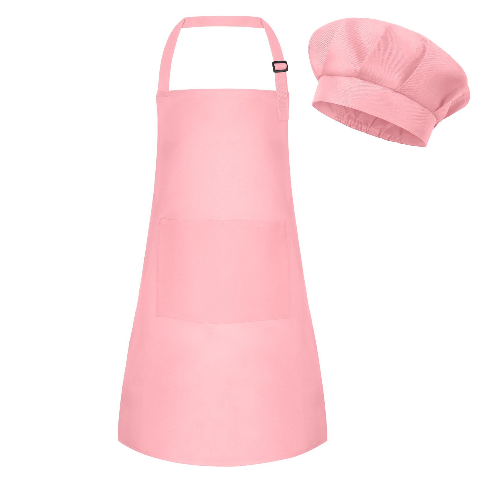 BOUBONI Kids Apron and Chef Hat Set Adjustable Chef Art Apron with 2 Pockets Toddler Chef Hat and Apron for Cooking Baking Painting (Pink)