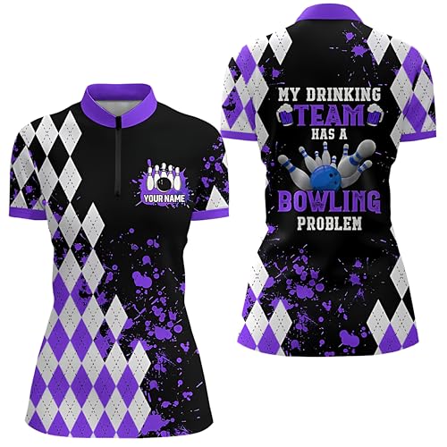 Women's Yellow Argyle Retro Bowling Quarter Zip Jersey Customized - My Drinking Team Has a Bowling Problem Q69512