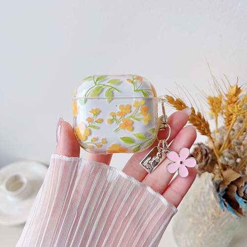 Image of MINSCOSE for AirPods 4 Clear Case,Cute Colorful Flower Pattern Design with Girly Floral Keychain,Soft Silicone Protective Shockproof Cover with Cleaner Kit for Girls Women-Yellow