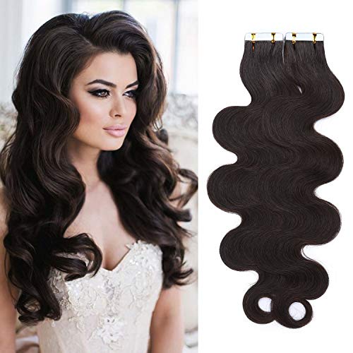 S-noilite 22" Body Wave Human Hair Tape in Extensions 100g 40pcs Invisible Seamless Weft Wavy Tape Extensions Real Hair Double Sided Rooted Remy Human Hair #2 Body Wave-Dark Brown