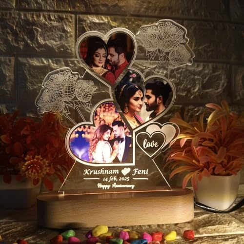 Image of Personalized LED Heart-Shaped Acrylic Photo with Custom Name & Date - Romantic Anniversary Gift for Couples - Unique Love Night Lamp with Rose Design - Customizable for Valentine's, Weddings