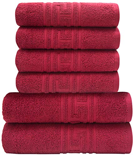 Pleasant Home Lot de 6 serviettes de bain de qualité supérieure | 2 serviettes de bain et 4 essuie-mains | 100 % coton, doux et absorbant | Ensemble de motif bordure grecque | 520 g/m² (rouge) Cover