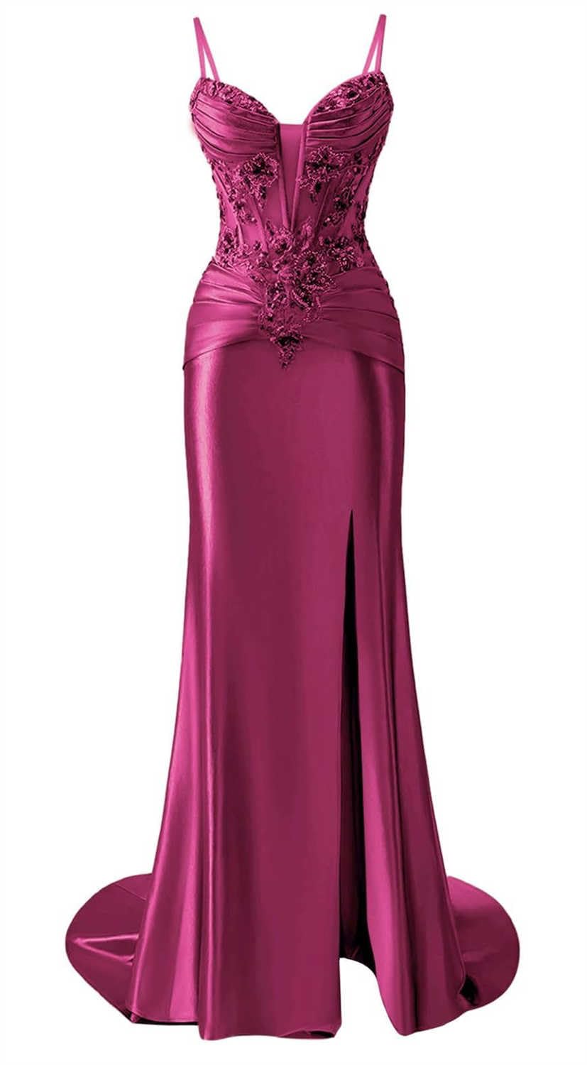 Kiyne Women's Fuchsia Mermaid Satin Prom Dresses With Slit For Sleeveless Spaghetti Strap Homecoming Dress Formal Party Gown Uk10