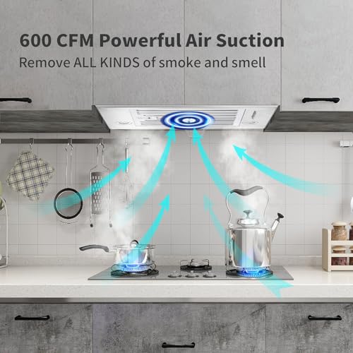 Image of Range Hood Insert 24 inch, Built in Kitchen Hood 600CFM, Ducted /Ductless Convertible Stove Hood with Stainless Steel Baffle Filter, Vent Hood Insert w / 3 Speed Fan, 2PCS Replaceable LED Lights