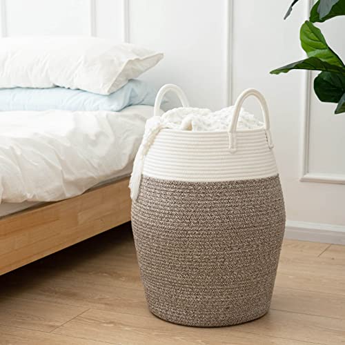 Goodpick Laundry Hamper | Woven Cotton Rope Dirty Clothes Hamper Tall Kids Curve Laundry Basket Large, (White & Brown 20.8 X 12.6 Inch) #TOP3