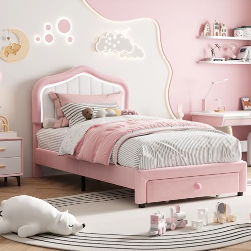 GarveeHome Upholstered Twin Bed Frame with Led Lights and Storage Drawer, Cute Velvet Led Bed Frame with Headboard for Kids, Girls, Boys, No Box Spring Needed, Wooden Slats, Noise Free, Pink
