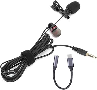 Lavalier Microphone, 3.5mm Collar Clip Omnidirectional Microphone Wired Lapel Interview Recording Microphone with Headset for Live Broadcast (Microphone + earphone with Type-C adapter cable)