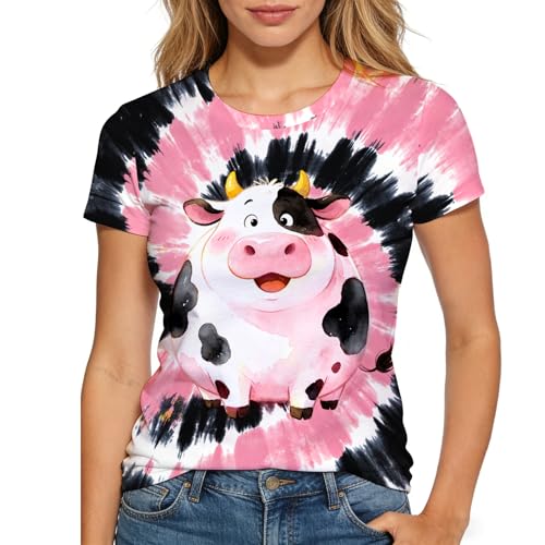 Harycnct Womens Funny Fat Cow Tshirt Pink Black White Tie Dye Shirts Animal Print Outfit Retro 60S 70S Hippies Tiedye Tee Tops Clothes XXL