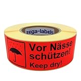 zega-labels Warnetiketten - Vor Nässe schützen! Keep dry! - 500 Stück je Rolle - 150 x 50 mm - Versandaufkleber Papier Leuchtrot stark haftend
