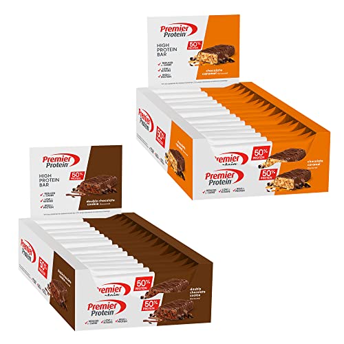 Premier Protein High Protein Bar Bundle – Double Chocolate Cookie (16x40g) + Chocolate Caramel (16x40g)