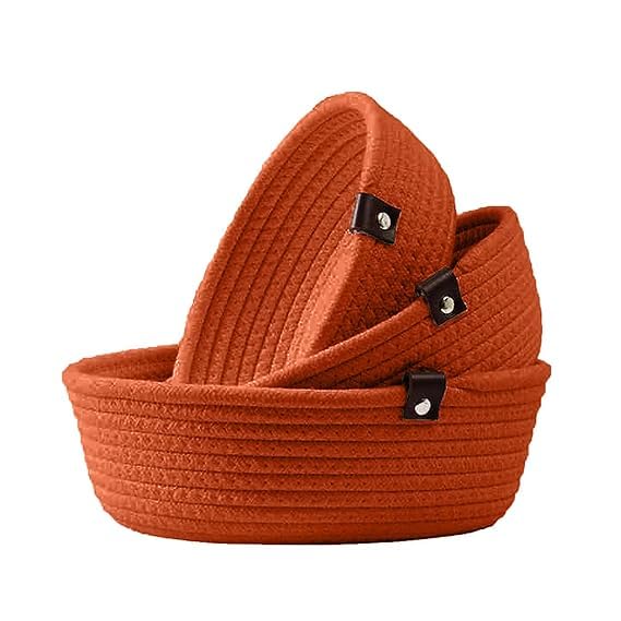 Image of Handmade Jute Cotton Storage Baskets Set of 3 for Dining Table, Fruit Basket & Roti Bowl, Cane Style Organizer for Kitchen, Home Decor, Washable Multipurpose (Orange)