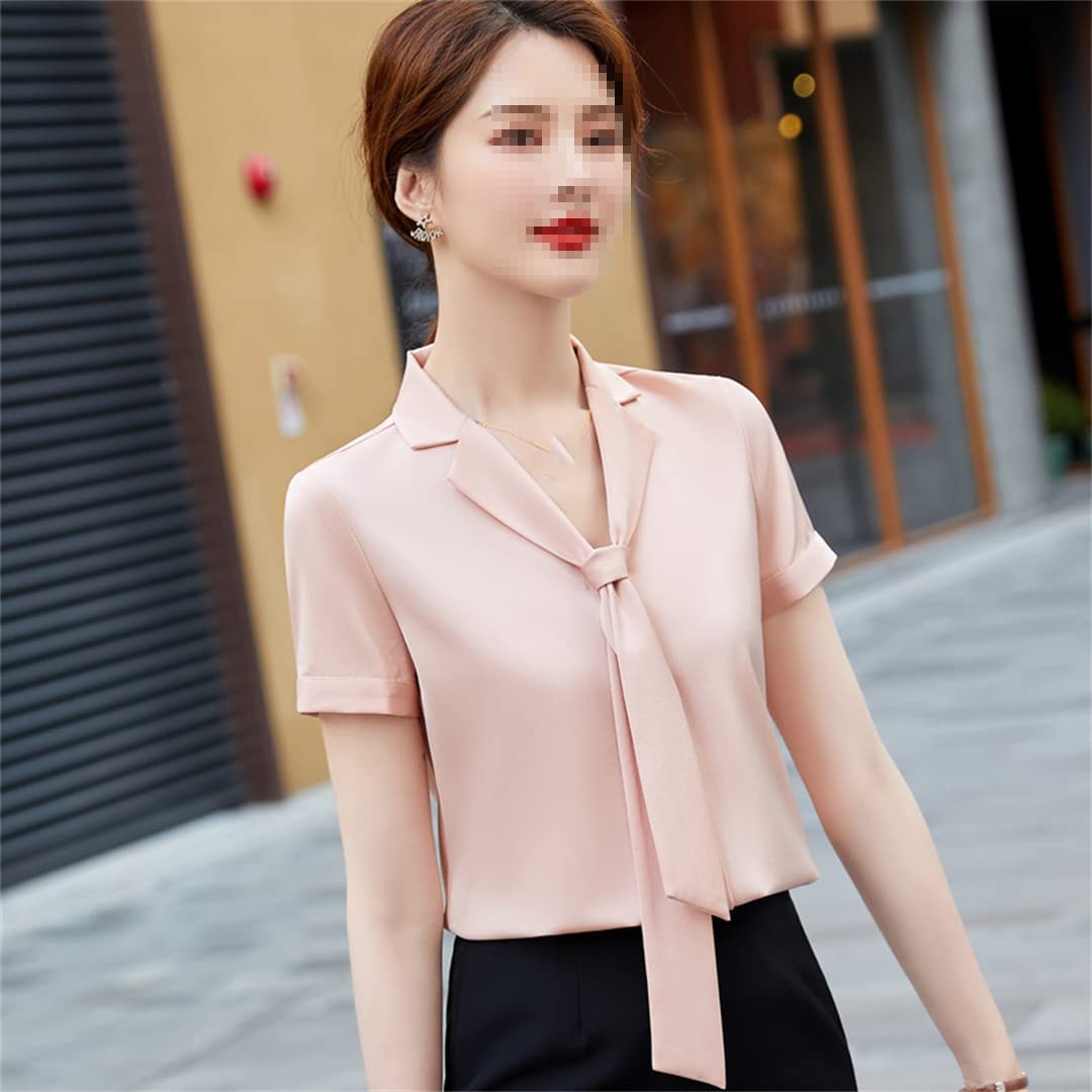 Blusa de chifón de Manga Corta de Verano para Mujer con Cuello en V de Lazo Blusas de Trabajo Formales de Oficina para Mujer White XL