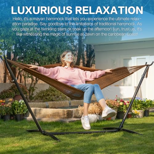 Image of PNAEUT Double Hammocks with Stand for Outside, Portable Space Saving Heavy-Duty Steel Stand for Indoor Outdoor Patio (Mayan Desert)
