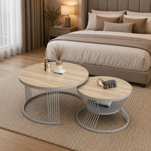 Image of The Round Coffee Table and The Stacking Tea Table with a Gold Metal Frame are Two Versatile Modern Center Tables that Look Great in Living Rooms (Cream Gry)
