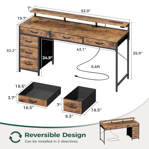 Huuger Gaming Desk with 6 Drawers, Computer Desk with LED Lights Power Outlets and Type-C, 55 Inch Office Desk with Storage, Monitor Stand, Writing Desk Work Desk for Home Office, Study, Rustic Brown