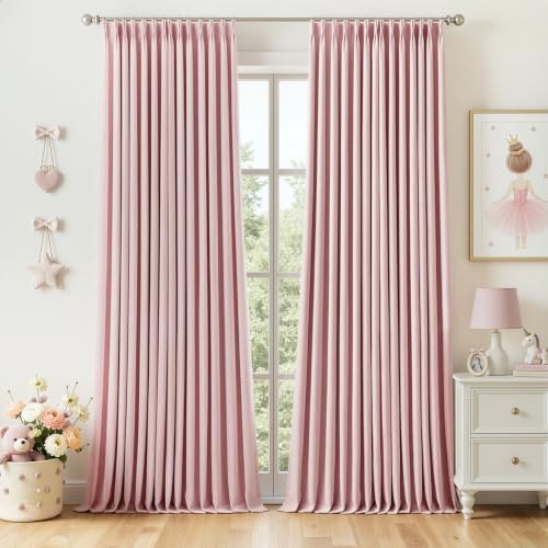 MIULEE Pink Pinch Pleated 100% Blackout Linen Curtains 40x102 Inches