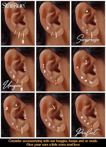 Staligue Tiny Hypoallergenic Surgical Steel Earrings for Women Men 14K Gold Plated Flat Back Stud Earrings for Sensitive Ears 20G Gold Flatback Stud Hoop Cartilage Earring Set for Multiple Piercing3