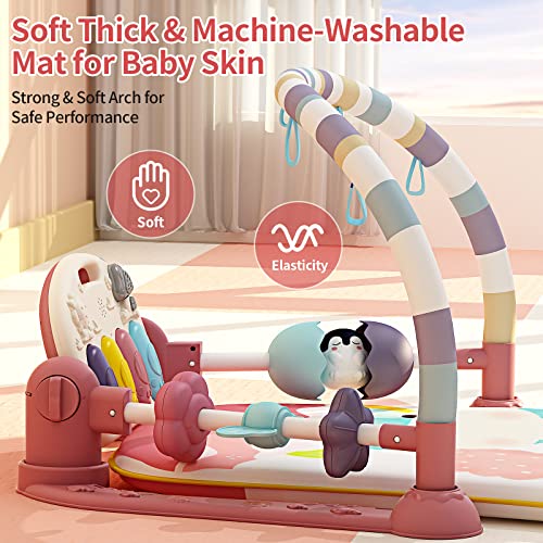 Jovow Baby Gym with Kick and Play Piano,Baby Play Mat Tummy Time Baby Activity Gym Mat with 5 Infant Learning Sensory for Baby, Music and Lights Boy or Girl Gifts for Newborn(Pink)