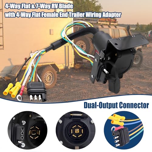 Image of 7 Way Trailer Plug 7 Pin to 4 Pin Trailer Adapter 7 Pin Trailer Connector, Vehicle-Side 4 Flat to Trailer-Side 7 Blade and 4 Pin Dual-Output Connector with Mounting Bracket for RV Truck