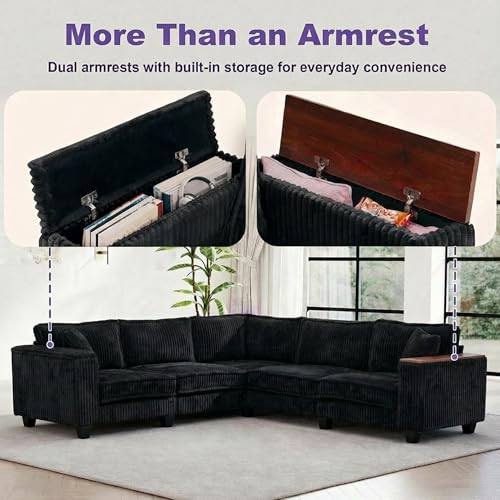 Image of 126 inch L Shaped Sectional Couch, Comfy Corduroy Sectional Couch, Modular Convertible V Shaped Couch, 5 Seat Corner Sofa with 2 Pillows & Storage Armrests for Living Room, Black