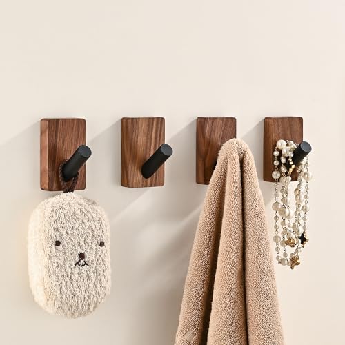 LECHYN 4 Pack Wooden Wall Hooks for Hanging, Adhesive Mounted & Wall Mount Boho Decorative Walnut...