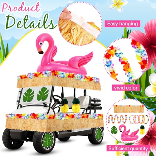 Image of WinnerWhy 29 Pcs Summer Tropical Golf Cart Parade Decorations Tropical Flower Leis Tinsel Garland Grass Fringe Banner Inflatable Flamingo Tube Paper Pineapples Leaves for Luau Party Supplies