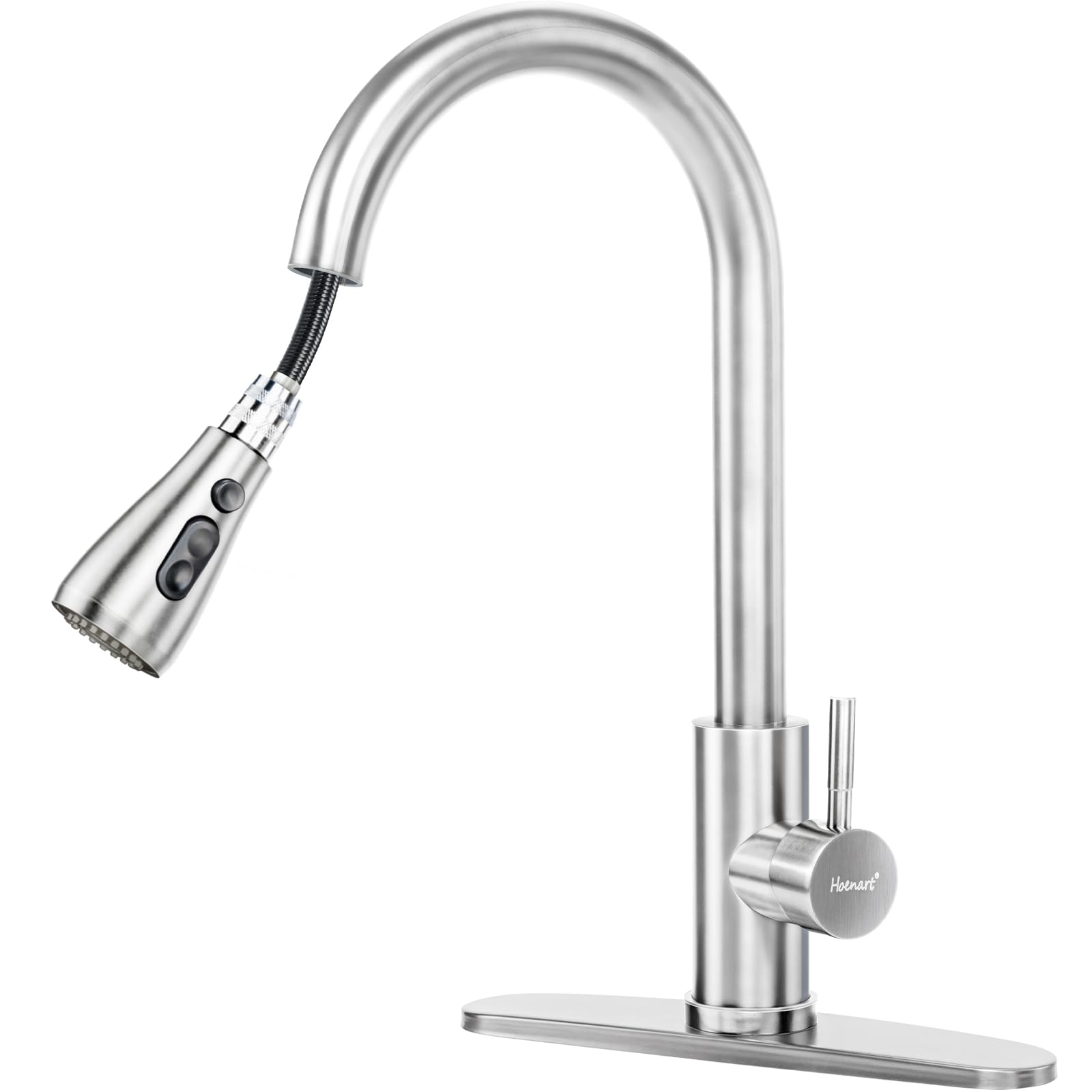 Hoenart Kitchen Faucet with Pull Down Sprayer, High Arc Brushed Nickel Stainless Steel Kitchen Sink Faucet, 1 or 3 Hole Single Handle Kitchen Faucets with Deck Plate 10 Inches