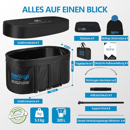 fierlings Premium 120 cm ovales Eisbad, Mobile Faltbare Badewanne mit 5 Isolierschichten und 3-lagigem Deckel, Eisfass für Innen und Außen, Eistonne Outdoor, Eisbaden Tonne, Ice Bath Komplettset