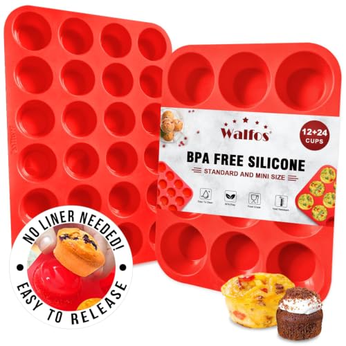 Walfos Silicone Muffin Pan Set - Regular 12 Cups Silicone Muffin Pan and Mini 24 Cups Cupcake Pan - BPA Free and Dishwasher Safe, Great for Making Muffin Cakes, Tart, Bread