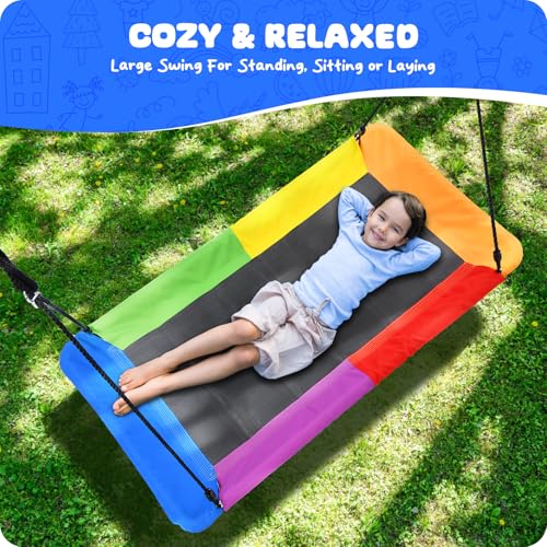 Image of Trekassy 60 inch Rectangle Platform Tree Swing for Kids Adults, 700lb Capacity Outdoor Giant Swing, 900D Oxford Waterproof Flat Swings with 2 Hanging Straps for Backyard - Rainbow (Patented)
