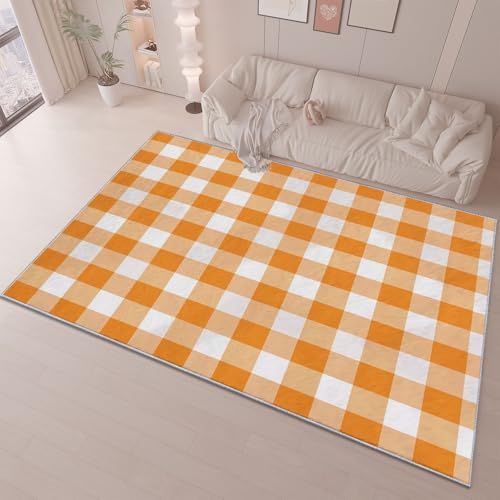 Franela Alfombra Simple Líneas Cuadros Decoración, Color Naranja Alfombra Ideal para Sala de Estar Dormitorio y Sala de Juegos, 140 x 200 cm Suave y Cómodo Antideslizante Lavable