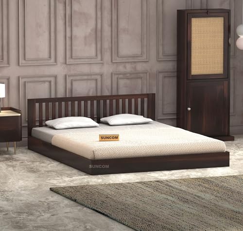 Image of SUNCOM Wooden Low Height Queen Size Bed Without Storage - Wooden Platform Double Bed - Space Saving Low Floor /Lying /Rise /Level /Profile Cot Bed for Bedroom - Basic Headboard (Walnut Finish)