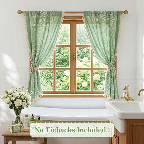 Image of MYSKY HOME Sage Green Boho Floral Tiers Curtains 30 Inch Long 2 Panels