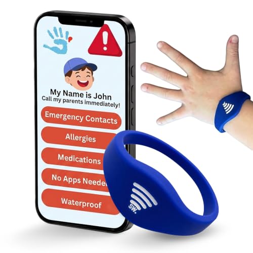 Image of Kids ID Bracelet - Fitted NFC Safety Wristband, Slip-On Child ID Band for Emergency Contact Info, Waterproof Silicone, Not GPS, Wear on Wrist or Ankle, Ideal for Theme Parks, Travel & Beaches