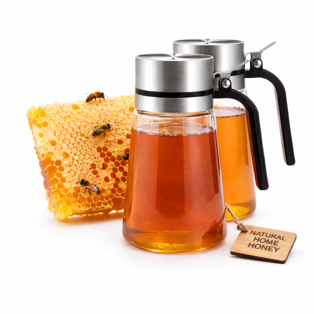 Gzsekken 2 Pack Honey Dispenser - Glass Syrup Dispenser with No Drip Stainless Pour Spout, 400ML Coffee Bar Station Accessory