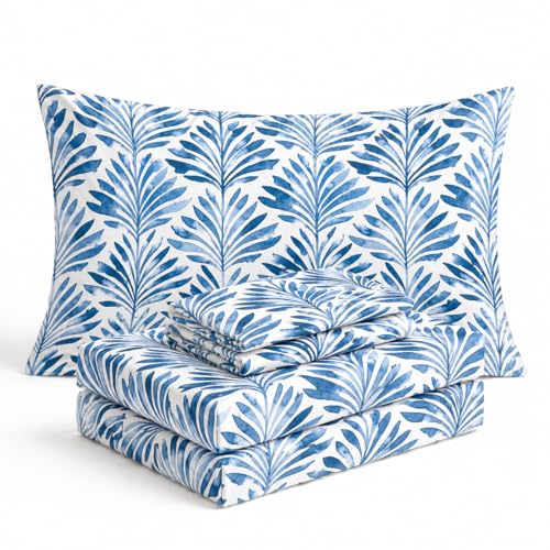Where The Polka Dots Roam Blue Indigo Palms Floral Bedsheet Queen Size, Super Soft Wrinkle Resistant Tropical Leaves Pattern Bedding Set, Vibrant Solid Print All-Season Bed Sheets for Girls, Teens