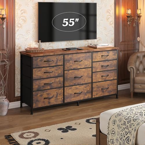 Dresser for Bedroom with 11 Fabric Drawers, Dresser TV Stand for 50, 55 Inch TV, Sturdy Storage Dressers & Chests of Drawers for Closet, Entryway (Rustic Brown) - Image 5
