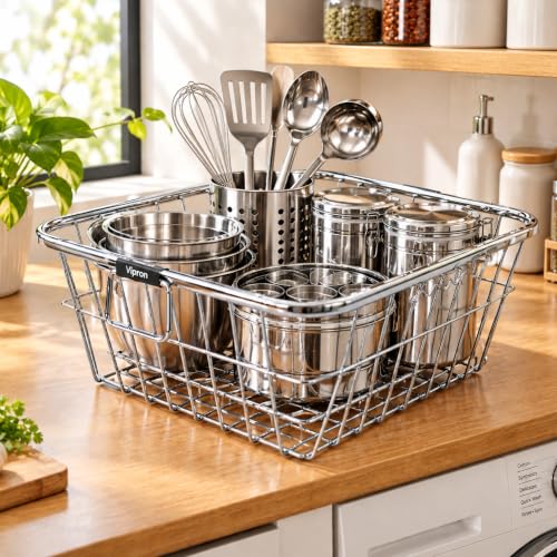 Image of Stainless Steel Dish Drying Rack for Kitchen Sink - Large Rectangular Wire Dish Basket with Handles for Plates, Bowls, Cups & Cutlery - Rustproof Metal Dish Drainer & Kitchen Organizer
