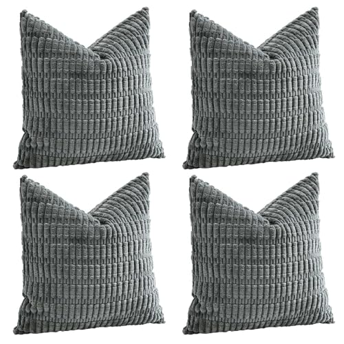 Sungeek Set of 4 Soft Corduroy Decorative Cushion Covers 45x45cm Square Striped Throw Pillow Covers 18x18 Inch for Sofa Couch Living Room Patio Farmhouse Boho Home Decor Pillowcases (Dark Gray) - Cosy Home Interiors Sungeek Set of 4 Soft Corduroy Decorative Cushion Covers 45x45cm Square Striped Throw Pillow Covers 18x18 Inch for Sofa Couch Living Room Patio Farmhouse Boho Home Decor Pillowcases (Dark Gray)