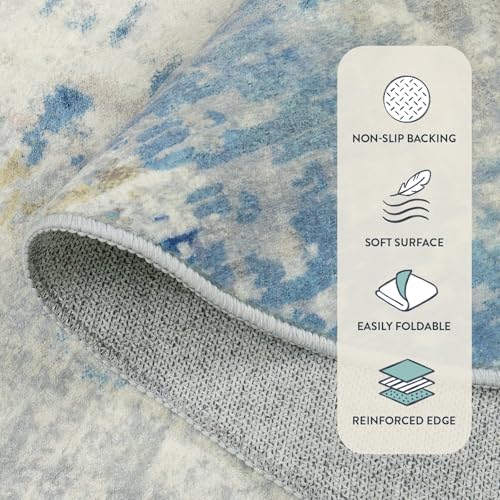 Lahome Modern Abstract Kitchen Rug - 2x3 Washable Small Front Doormat Soft Throw Rugs for Entryway Non-Slip, Contemporary Faux Wool Floor Indoor Carpet for Bathroom, Blue/Yellow/Ivory